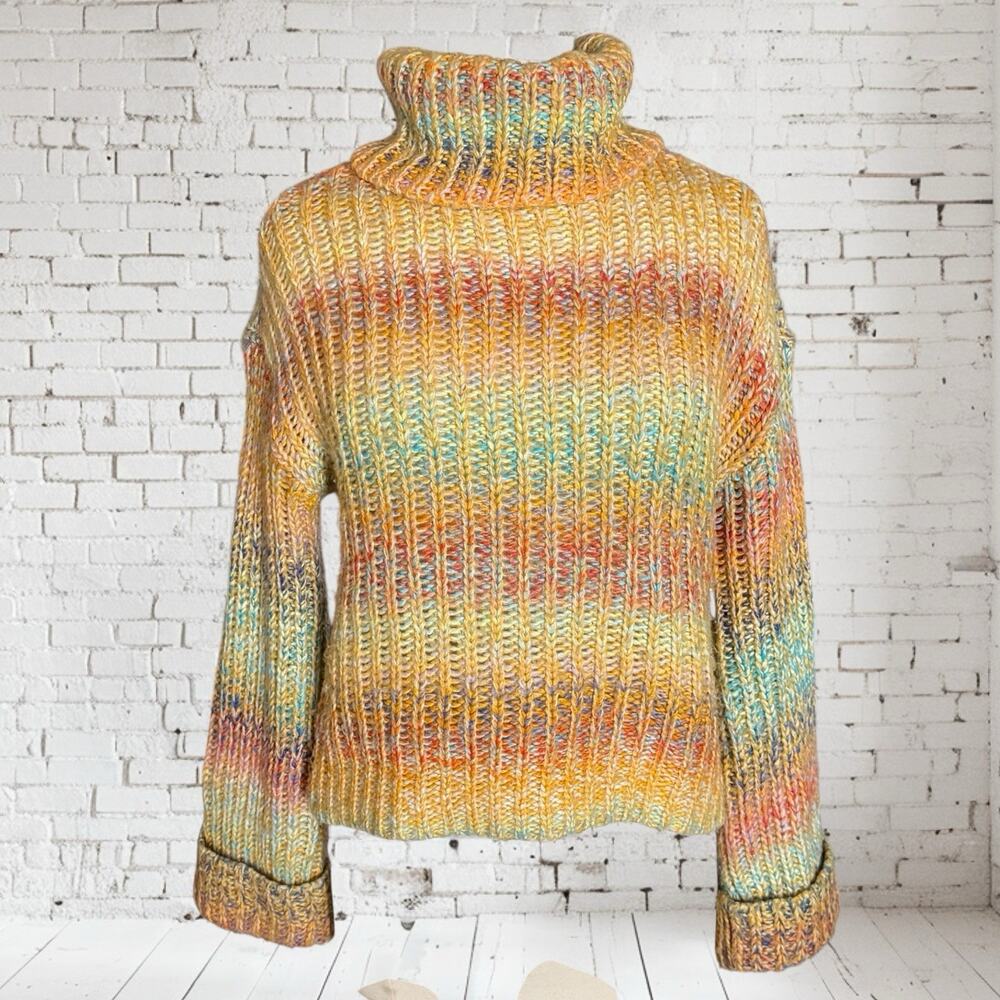 Vtg RD Style Sweater Y2K Sz Small 42" Bust Rainbow Chunky Knit Cowl Neck Ribbed